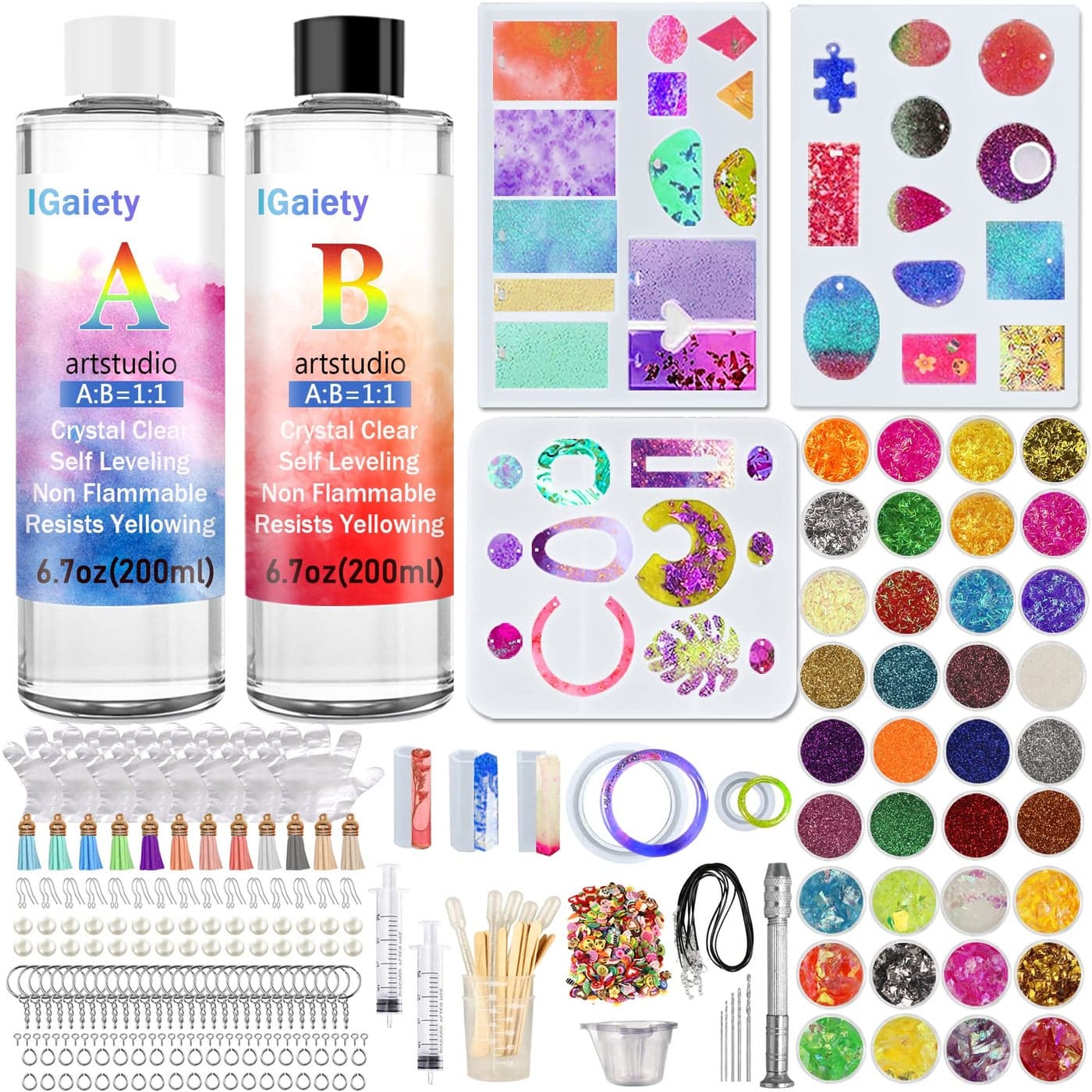 IGaiety Resin Kits for Jewelry Making Silicone Molds Starter Kit 278 Pcs Bundle with Epoxy Resin Silicone Mold Art for DIY Jewelry Earring Keychain Necklace Rings Making Adults Beginners