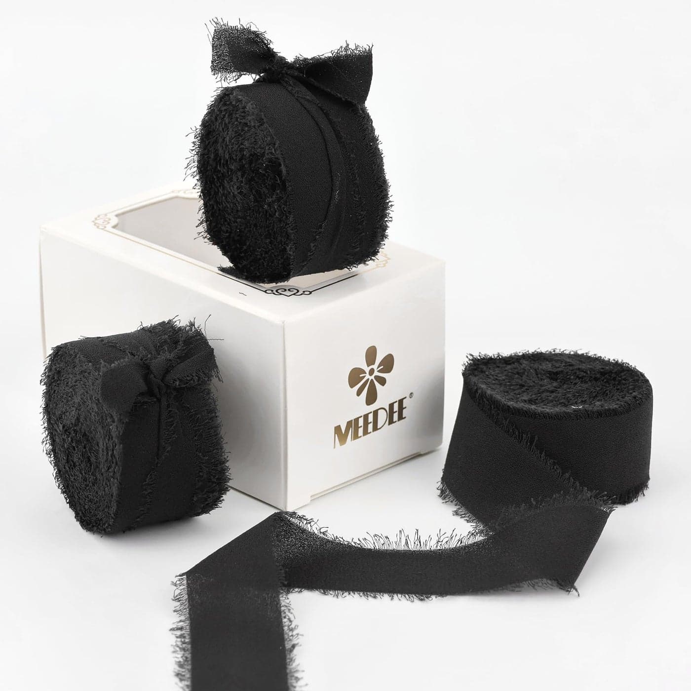 MEEDEE Black Chiffon Ribbon 1 Inch Frayed Fringed Silk Thin for Crafts Gift Wrapping Wedding Invitation 3 Rolls 21 Yards