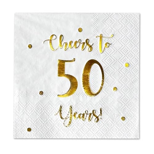 Cheers to 50 Years Cocktail Napkins | Happy 50th Birthday Decorations for Men and Women and Wedding Anniversary Party Decorations | 50-Pack 3-Ply Napkins | 5 x 5 inch folded (White)