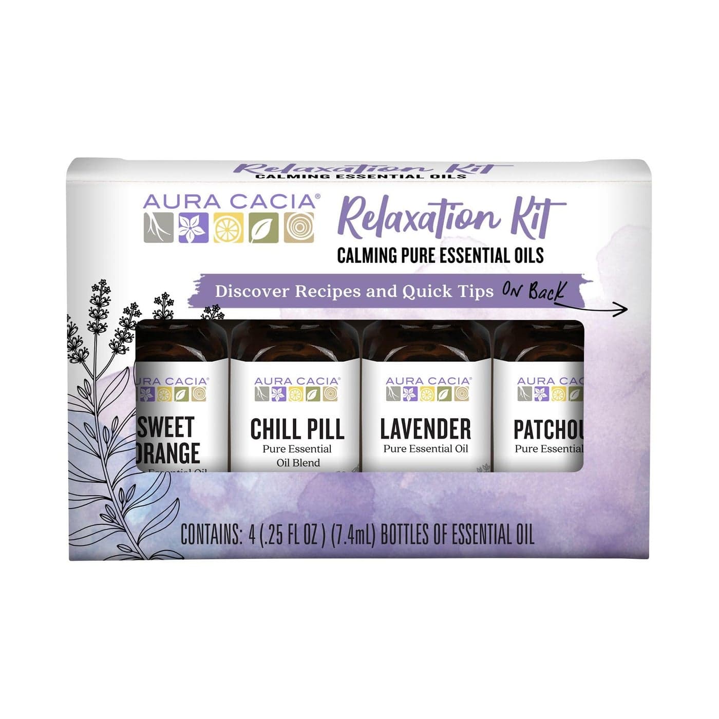 Aura Cacia Essential Oil Relaxation Kit, 4-Pack, Lavender, Patchouli, Sweet Orange, Chamomile, Sweet Basil & Learning Guide