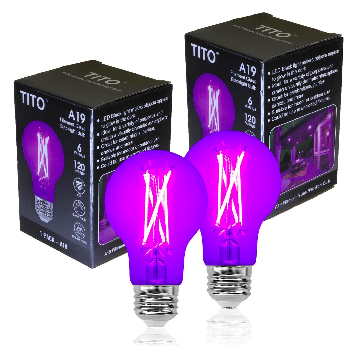 TITO 2 Pack E26 A19 Filament LED Black Light Bulbs, UVA 395nm 6W Blacklight Bulb 100W Equivalent, Black Light Bulb Glow in Dark Halloween Christmas Party Fluorescent Tapestry Poster Decor Body Paint