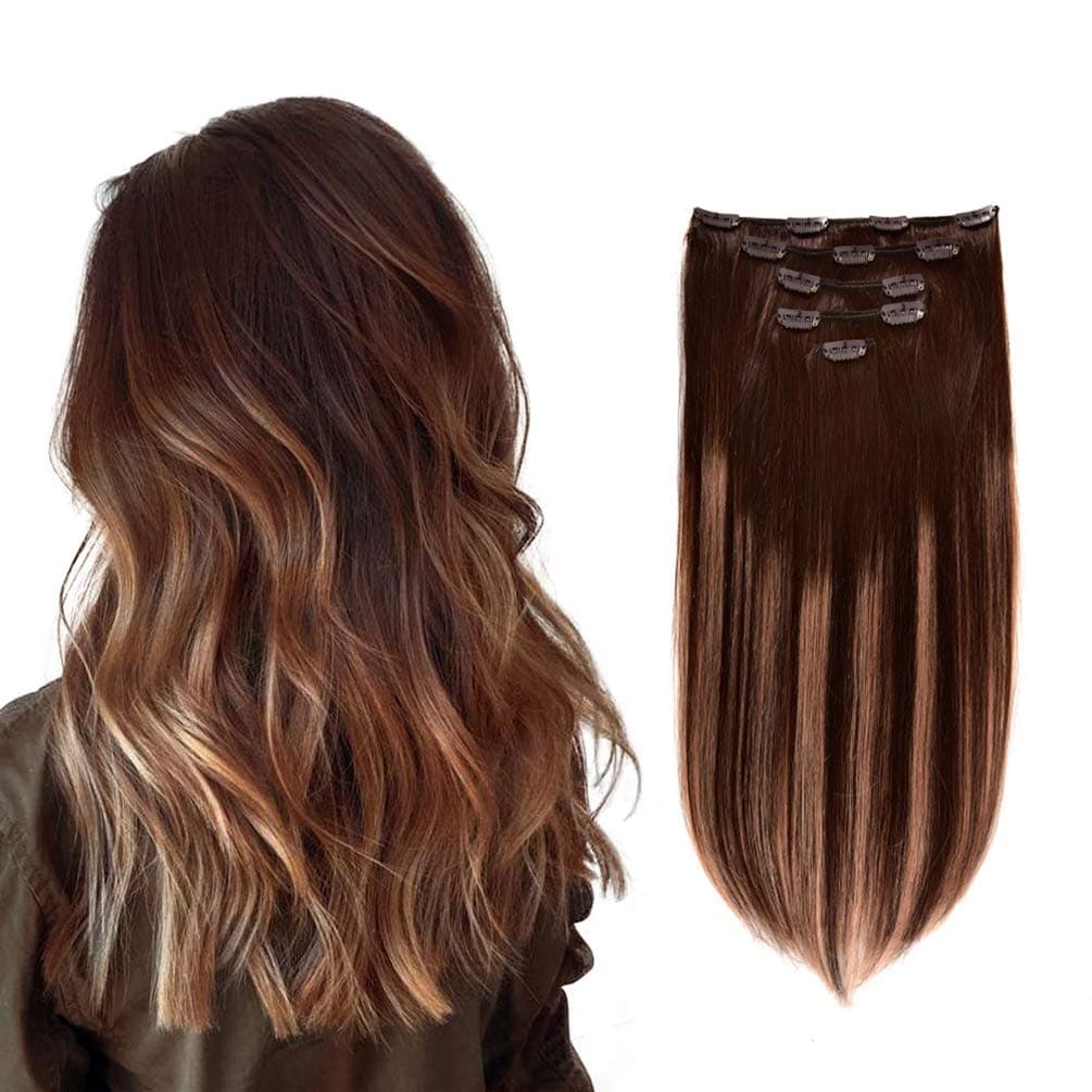 5 Pieces 14 Remy Clip in Hair Extensions Human Hair Chocolate Brown to Honey Blonde Highlight Brown Ombre Silky Straight Short Thick Real Hair Extensions for Women 14 inches 4T27 P4 70grams