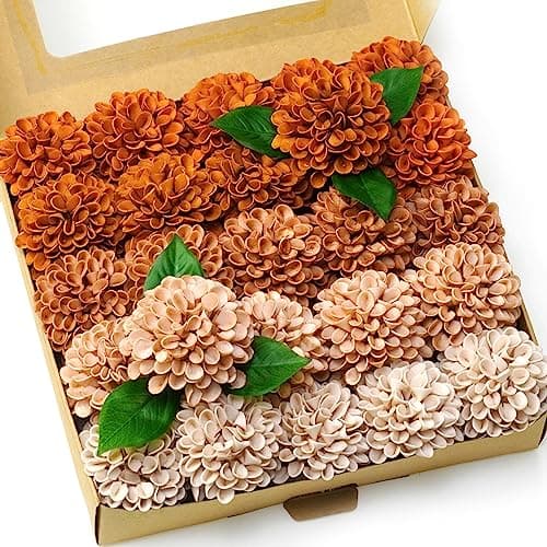 Artificial Wedding Dahlia Flowers 25 pcs Fake Roses with Stem for DIY Wedding Decor Centerpieces Arrangements Bouquets Shades of Burnt Orange