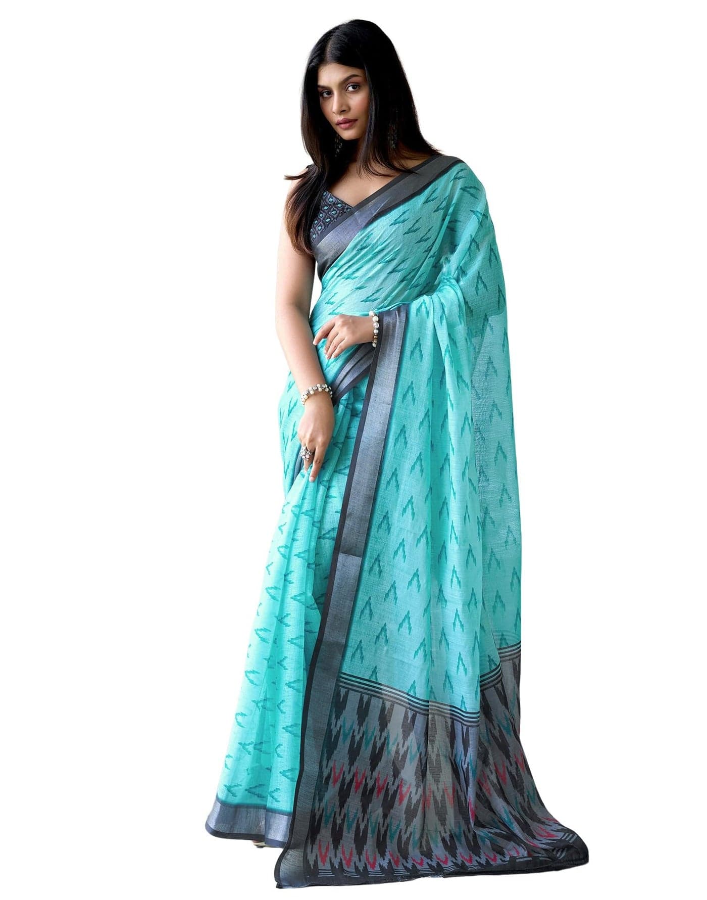 SIRIL Women's Cotton Linen Ikkat Printed Saree With Unstitched Blouse Piece (4409S450_Turquoise)