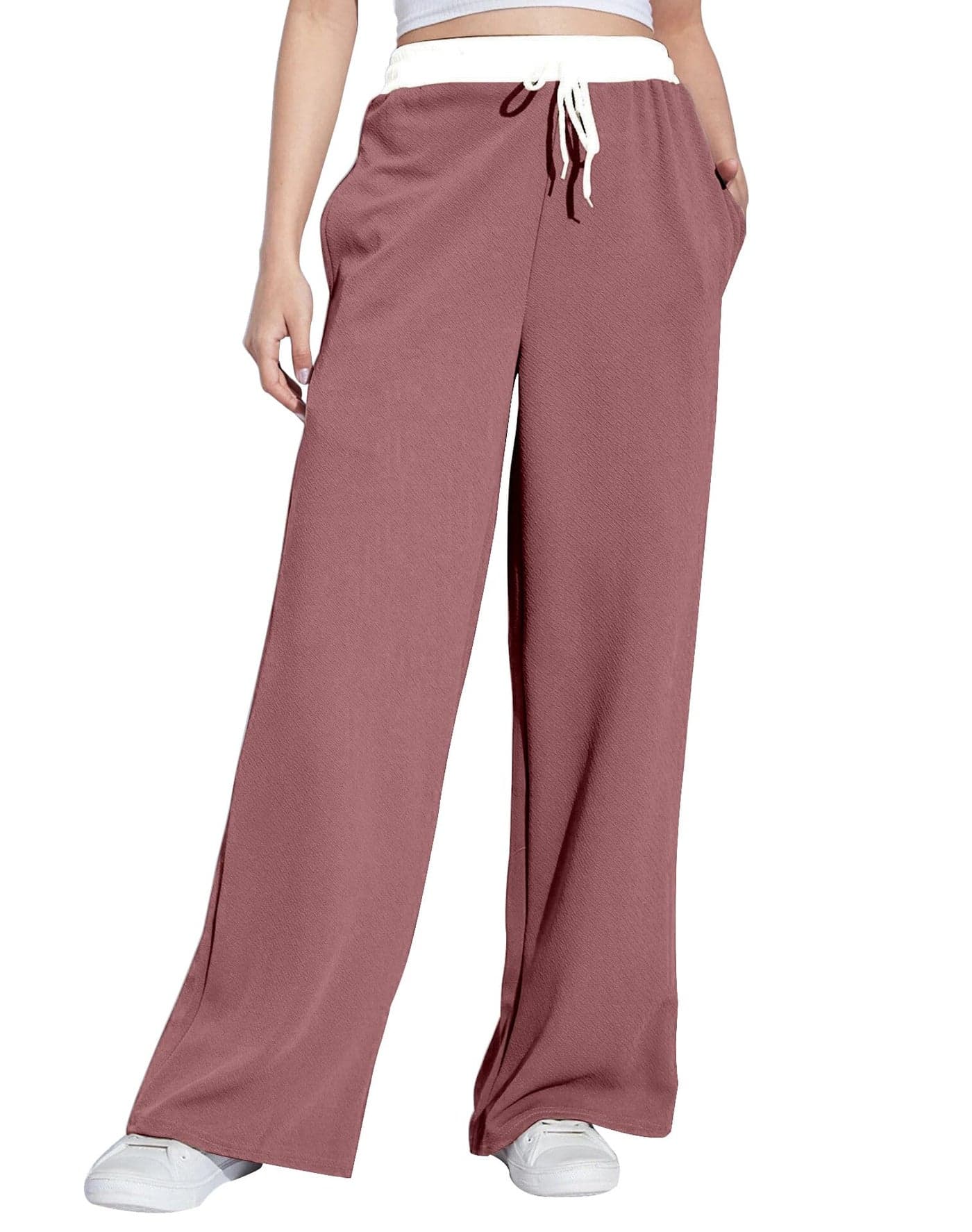 Mehrang Wide Leg Drawstring Pants, with Contrast Waist Band || Casual Lounge Wear Side with Pockets, High Waisted, Relaxed Fit Trouser for Women (in, Alpha, L, Regular, Moove)
