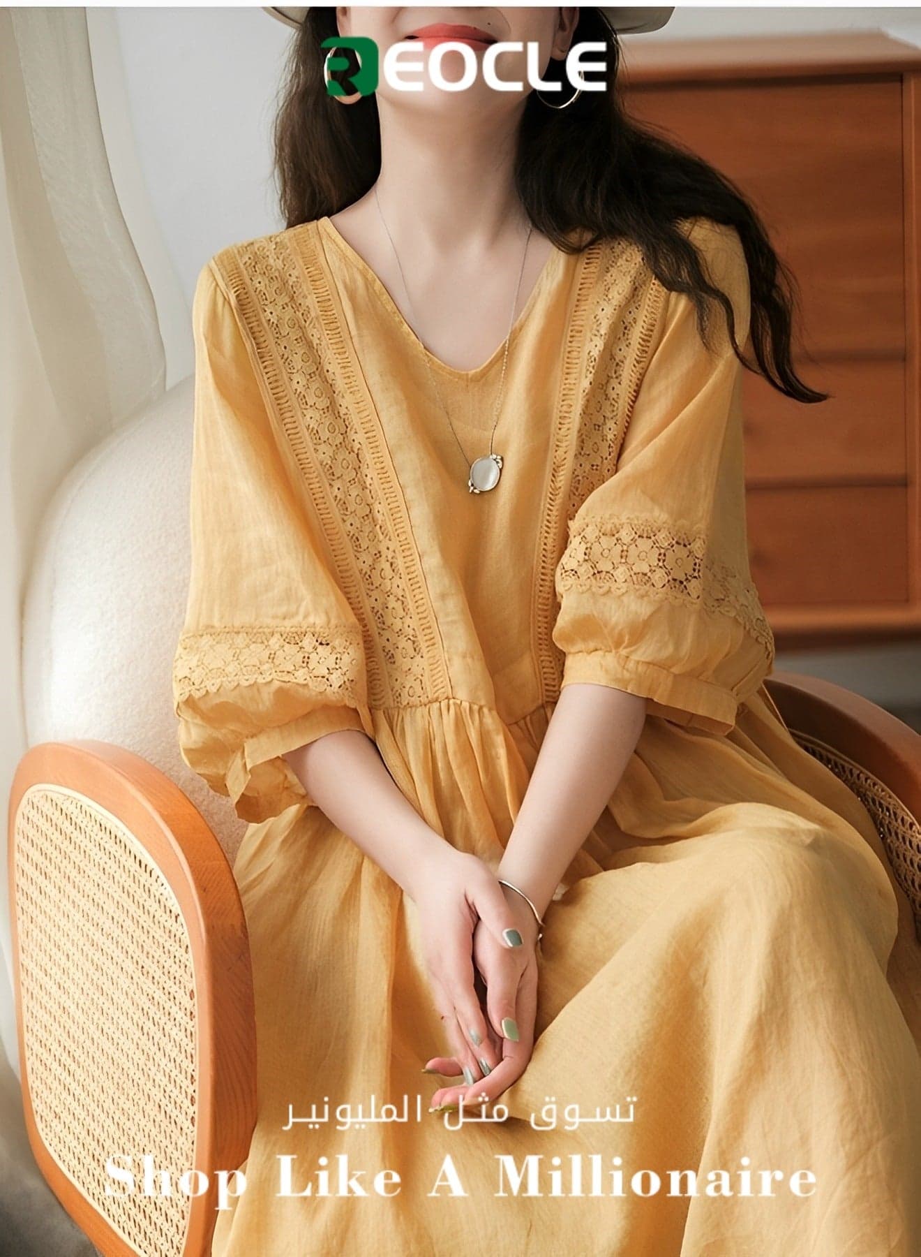 Women’s V Neck Puff-Sleeved Dress Vintage Lace-Spliced Hollow-Out Maxi Dress for Summer Linen Sun Dress Maxi Tunic Beach Dresst Casual