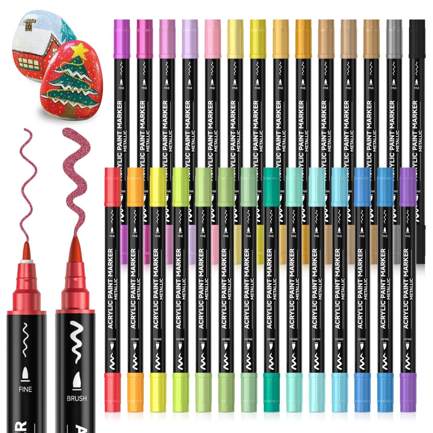 28 Metallic Colors Dual Tip Acrylic Paint Markers Brush Tip and Fine Tip Acrylic Paint Pens for Rock Ceramic Wood Canvas Plastic Glass Stone Calligraphy Card Making Crafts Nail Art