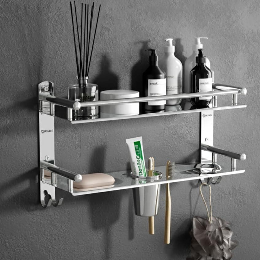 GRIVAN Stainless Steel Multi-use Rack, Bathroom Shelf, Soap Stand, Tumbler Holder, Toothbrush Holder Bathroom Accessories Chrome Finish (Number of Shelves - 2, Silver)