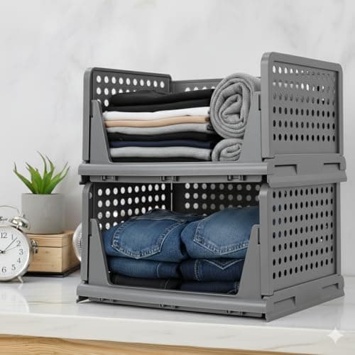 MECHDEL Clothes Organizer For Wardrobe Cupboard Organizer For Clothes Foldable & Stackable Closet Organizer Drawer Organizer For Clothes (FOLDING STACKABLE WADROBE -GREY, 2PCS)