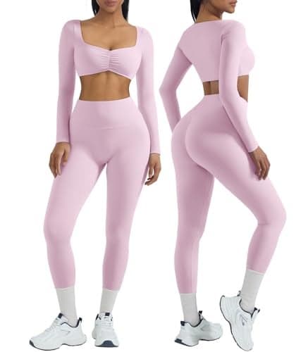 OMKAGI 2 Piece Workout Sets for Women Long Sleeve Padded Sports Bra High Waisted Gym Outfits with Pocket(M,441-Pink)