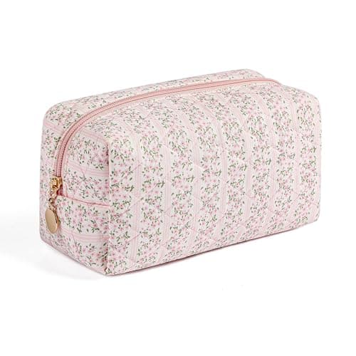 Gleyemor Small Quilted Makeup Bag for Women, Cute Floral Bow Cosmetic Bag, Emergency Bag Travel Toiletry Cotton Pouch Gifts for Girls Her Mom Friend Sister Bridesmaid (Pink Floral)
