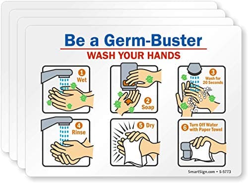 SmartSign “Be A Germ-Buster - Wash Your Hands" Hand Washing Label | 3.5" x 5" Laminated Vinyl Sticker, Pack of 4, Made in USA