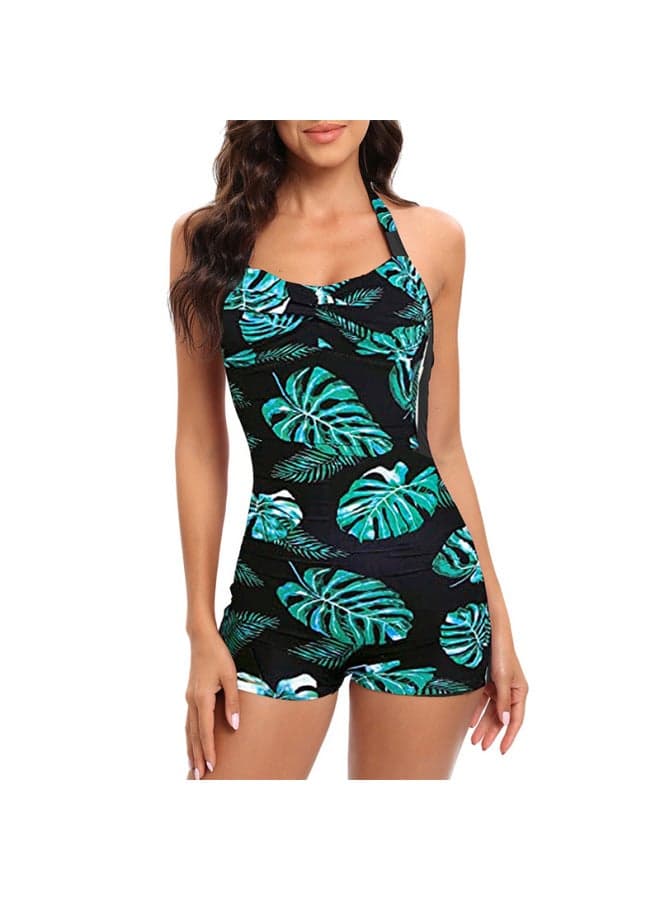 Jiesini Swimsuit Women's 2023 Conservative Belly-covering Slimming One-piece Sports Boxer Plus Size Hot Spring Swimsuit-Color:Green Leaf-