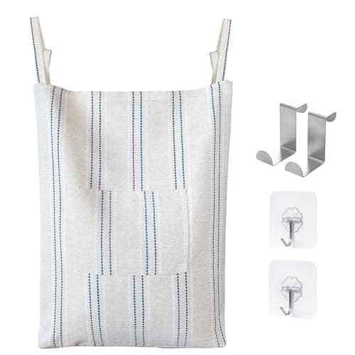 AELS Farmhouse Hanging Laundry Hamper with 2 Hooks, Boho Beige & Blue Stripes Laundry Bag with Zipper & Wide Open Top, Over the Door Organizer for Dirty Clothes, Washable Space Saving Storage