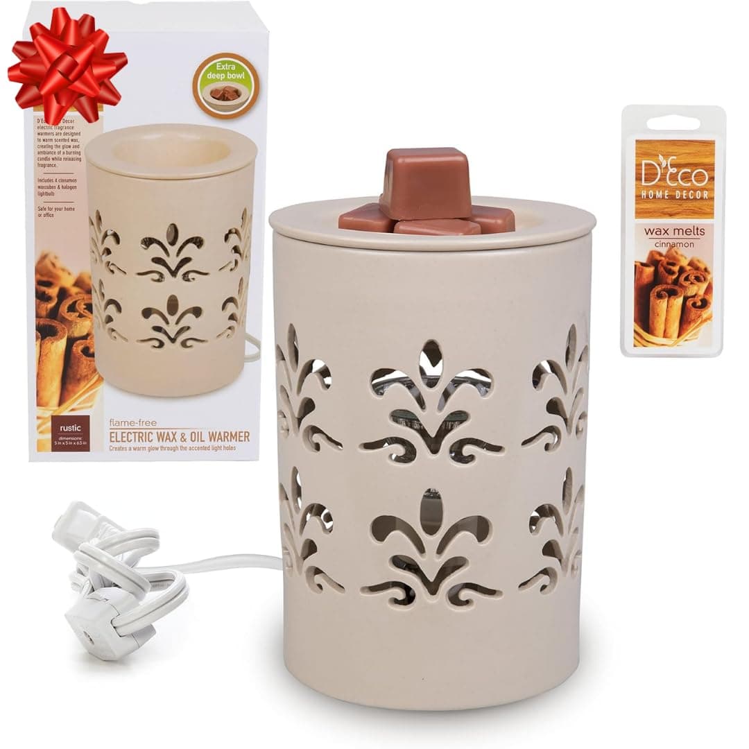 DEco Fragrance Wax Melt Warmer Electric Scented Tart Candle Warmer w 6 Cinnamon Cubes Plugin Halogen Bulb Melts Cubes Fills Room w Fresh Scents Night Light Glow Holiday Xmas Must Have Gift