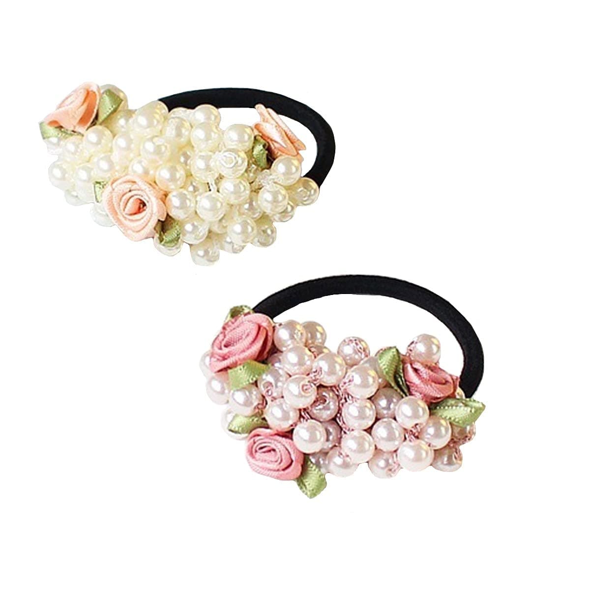 2Pcs Pearls Hair Elastics Hair Ties Ponytail Holders Rose Flower Pigtail Ties Headwear Scrunchies Hair Accessories for Women Girls