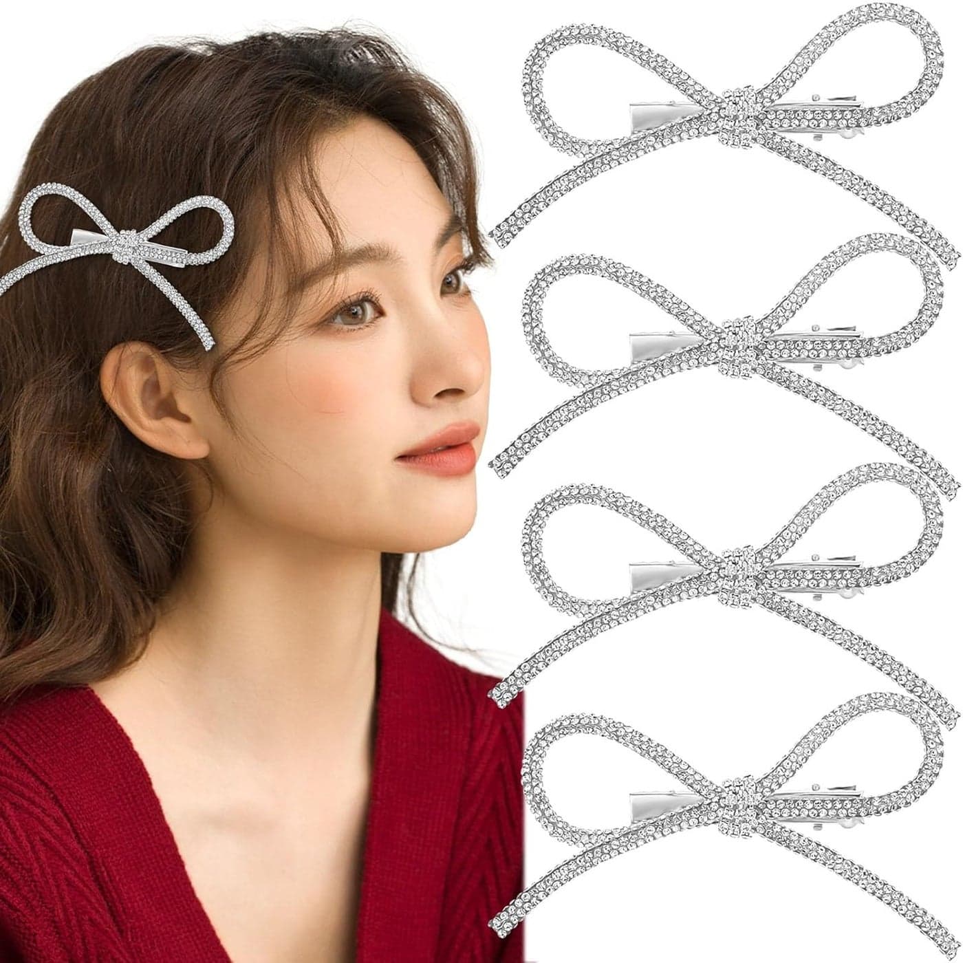 4 Pcs Silver Bow Rhinestone Crystal Hair Clips Bowknot Metal Hairpin NonSlip Duckbill Hair Barrettes Accessories for Women Girls