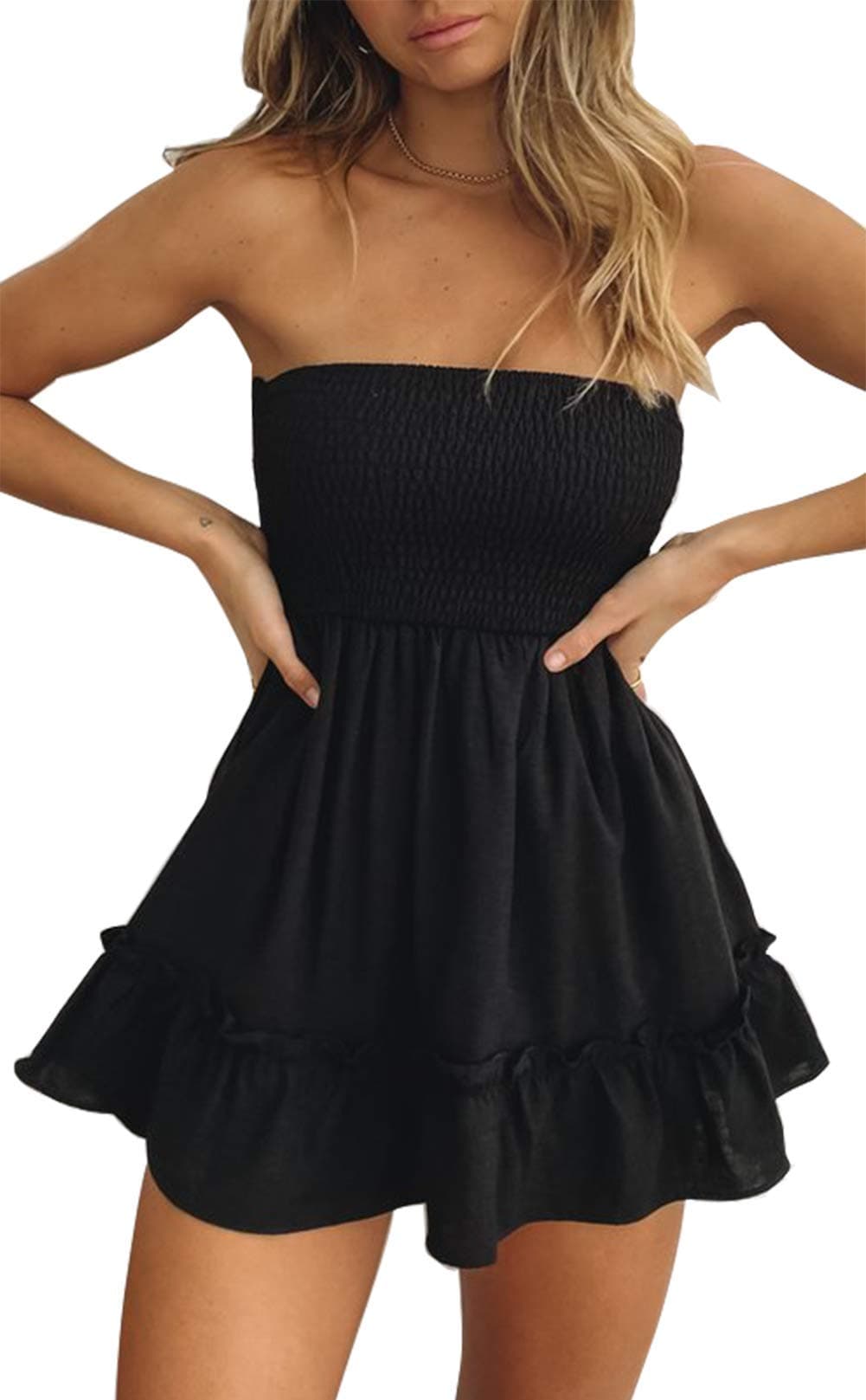 Tsher Tube Top Dress for Women Summer Solid Strapless Mini Dresses, Off The shoudle Ruffle Beach Dress (M, Black Strapless Mini Dresses)…