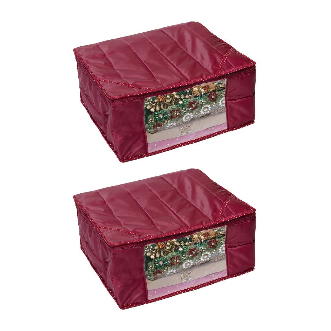 ShubhKraft Parachute Material Quilted Saree CoverWith Zip Closure And Transparent WindowWater Resistant Wardrobe Organizer Pack of 2 Maroon
