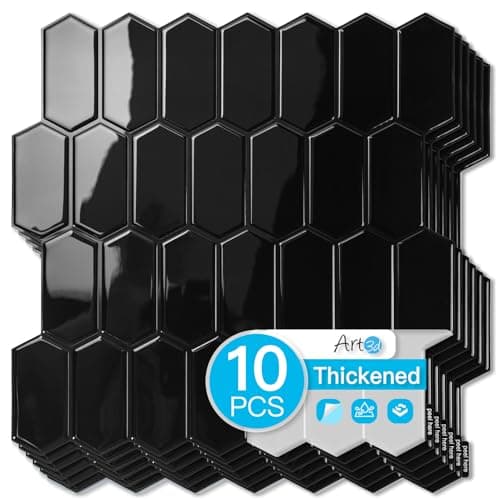 Art3d 10-Sheet Heavy-Duty Peel and Stick Backsplash, Self-Adhesive Vinyl Wall Tiles for Kitchen Countertop Bathroom, Black