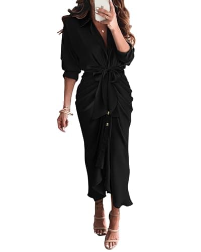 BTFBM Maxi Dresses for Women Fall 2025 Long Sleeve Lapel Neck Button Down Elegant Satin Belted Ruched Summer Shirt Dress(Black, Small)