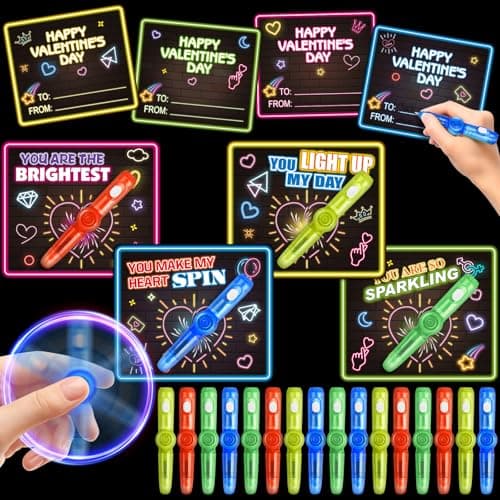 Shemira 24 Pack Valentines Day Cards for Kids 24 Light Up Spinning Toy Pens for Valentines Gifts Exchange Valentine School Classroom Favors for Kids Boys Girls Valentines Cards for Kid