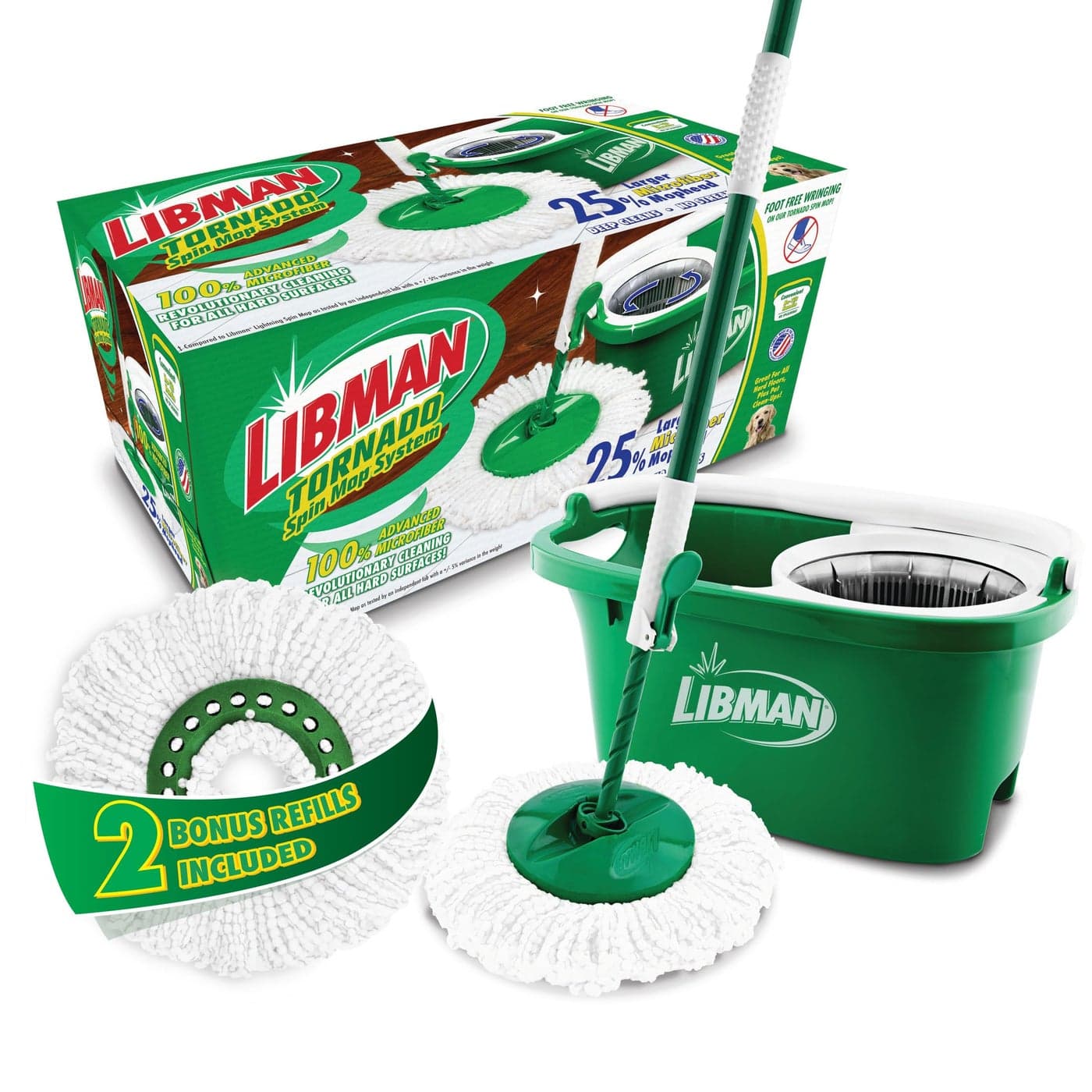 Libman Tornado Spin Mop System with 2 Refill Heads Microfiber Spinning Mop and Bucket with Wringer Set for Home Floor Cleaning of HardWood Laminate Tile All Surface Cleaner 3 Total Mop Heads