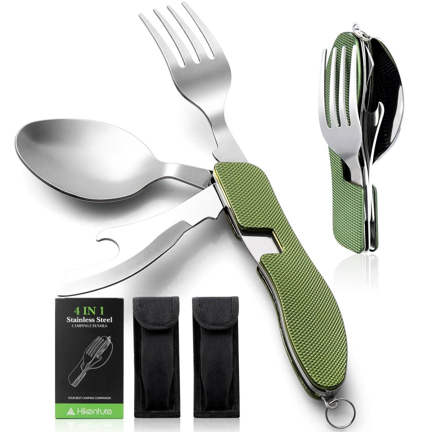 HIKENTURE Camping Utensils 2 Pack 4In1 Stainless Steel Spoon Fork Knife Set Backpacking Travel Cutlery Metal Multitool Boy ScoutGreen 2pack