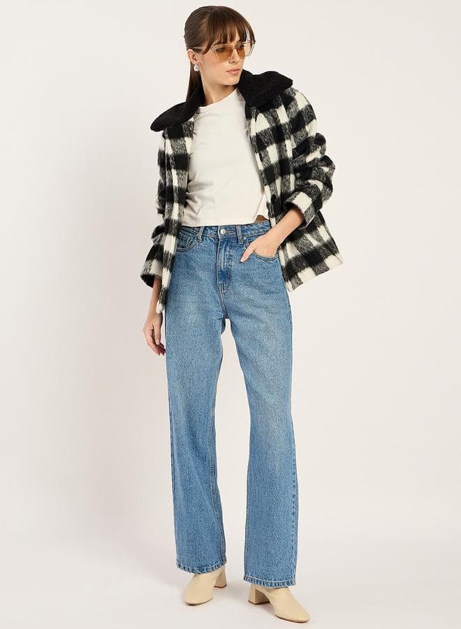 Checkered Faux Fur Collar Jacket