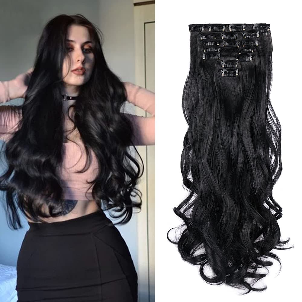 22 Inch Clip In Hair Extensions 7 PCS Long Wavy Synthetic Black Hair Extension Natural Soft Invisible Clip Thick Hairpieces for Women Daily20Inch 7pcs Black