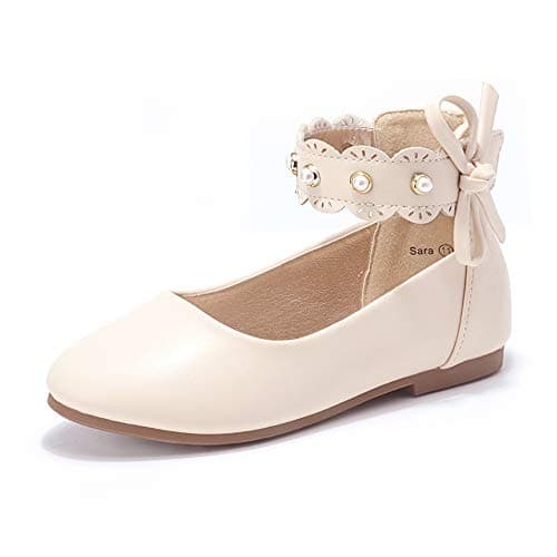 PANDANINJIA Girls Dress Shoes Flower Girl Beige Flats Pearls Ballet Bow Mary Jane Ankle Strap Sara Wedding Party Shoes for Toddler Little Big Kid, Size 10