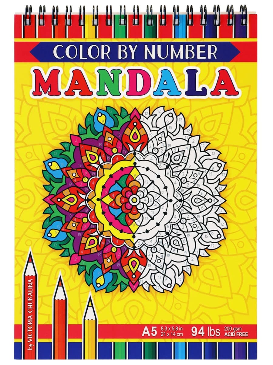 Mandala. Travel Size Color by Number Adult Coloring Book on Thick Artist Paper with a Spiral Binding on The top