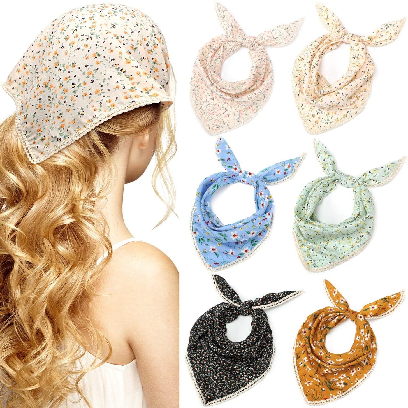 Dingion 6 Pcs Floral Hair Bandanas Head Kerchief Women Bandana Print Chiffon Hair Scarf Triangle Head Kerchief with TiesClassic Color