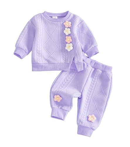 Toddler Baby Girl Outfits Long Sleeve Solid Sweatsuit Pants 2 Piece Clothes Fall Winter Infant Sweater Set 3M-5T (Purple, 6-12 Months)