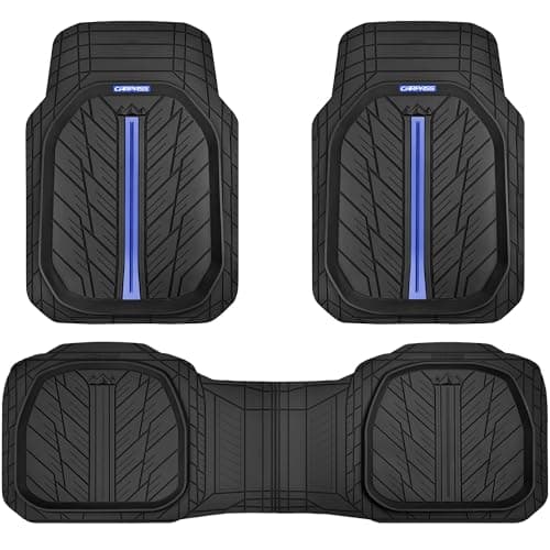 CAR PASS Tire Tread DeepDish Rubber Floor Mats for car Heavy Duty car mats All Weather Universal XLM Trim to Fit for Truck SUV Vehicle Automotive Waterproof car mats 3 PieceBlue Black