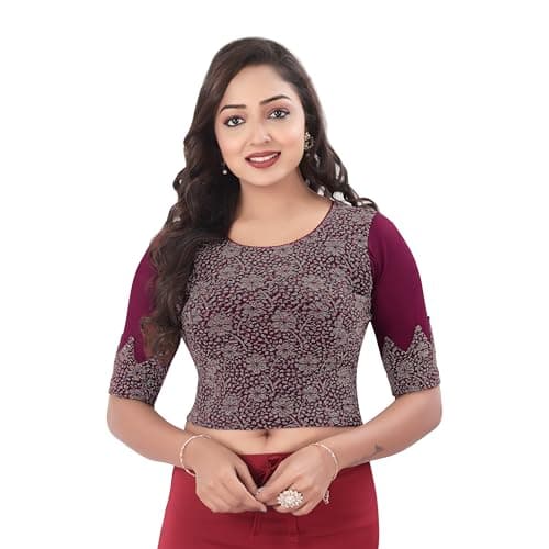 DESI GIRL - Round Neck Jacquard Regular Fit Saree Blouse for Women | Half Sleeve Readymade Stretchy Embroidered Design Festive Blouse Perfect for Saree, Lehenga, Kurti | Wine - 42