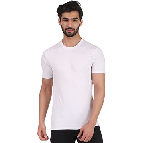 London Hills Polyester Solid Men Round White Slim Fit T-Shirt, Medium