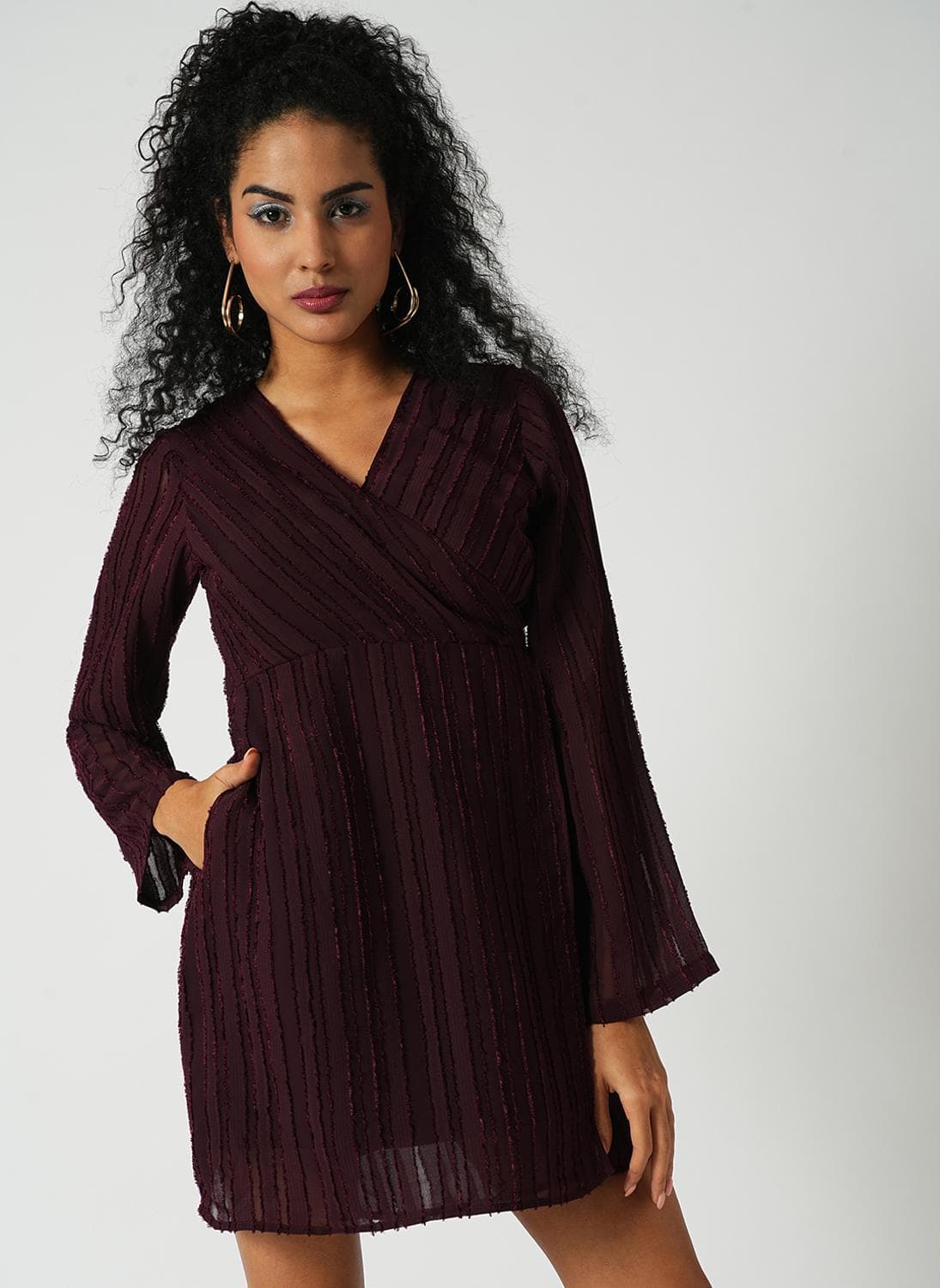 Globus Women's Burgundy Self Design Mini Party Dress with Wrap-Neck and Long Sleeves