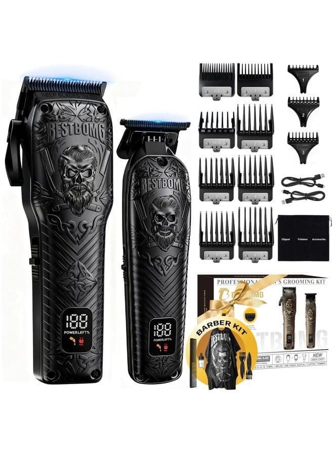 Professional Cordless Mens Hair Clippers & Beard Trimmer Kits & Sets,Metal Hair Clippers Cutting Grooming Kit with Long Battery Life for Family Barber Use (Black)