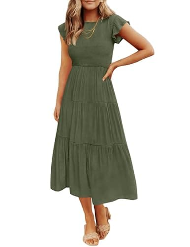 ZESICA Women's 2025 Summer Casual Flutter Short Sleeve Crew Neck Smocked Elastic Waist Tiered Midi Dress,Army Green,X-Large