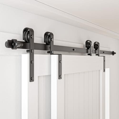 4-14FT Bypass Sliding Barn Door Hardware Kit Single Track System Carbon Steel Basic Roller Hanger Easy to Install Fit Double 40" Wide Doors Panels (6.6ft Single Track Bypass)