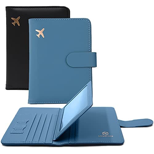 Melsbrinna Unisex-Adults RFID Blocking Travel Passport Cover/Case, Cute Passport Wallet with 10 Compartments, Black Blue