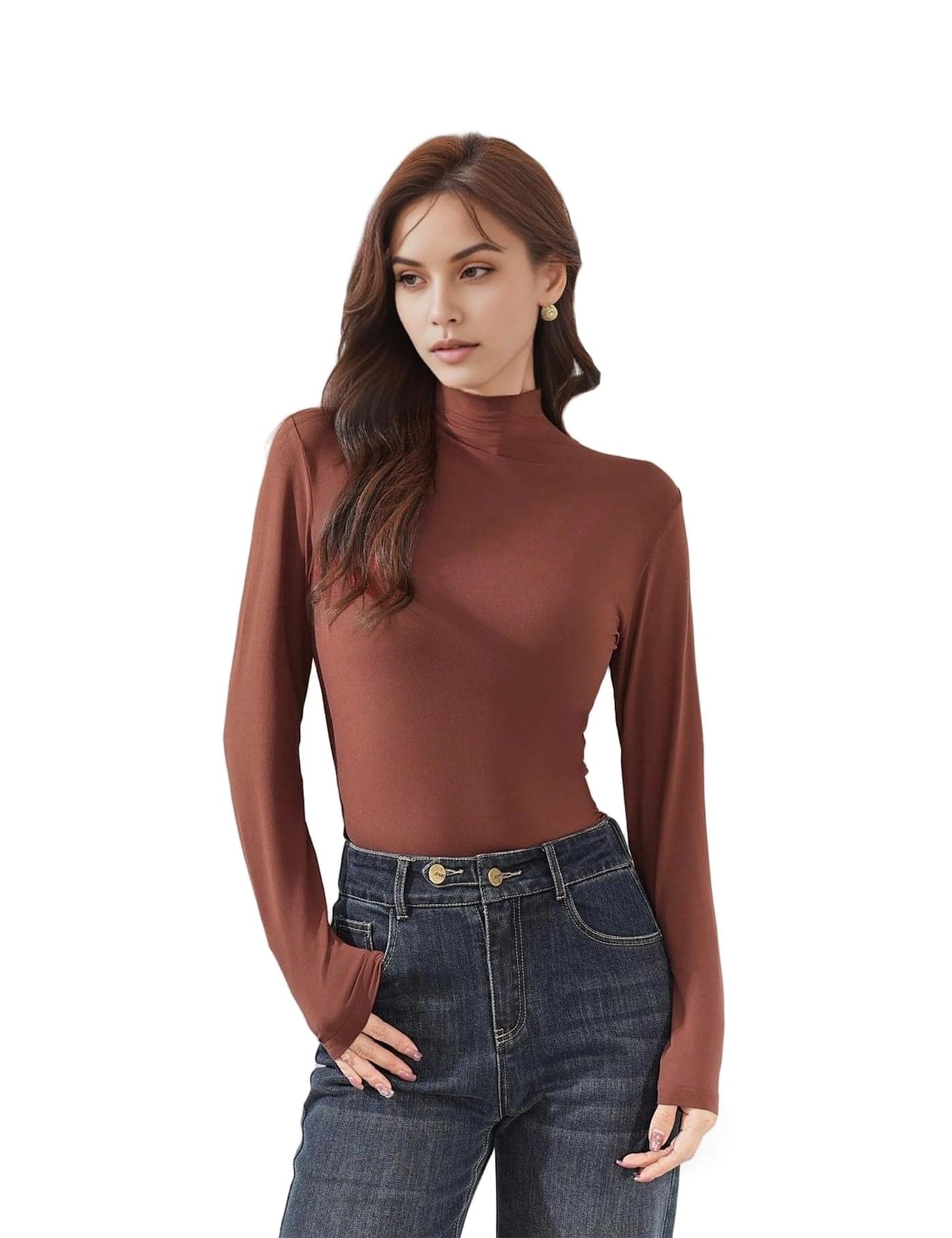 Venzina® Women's Long Sleeve Mock Neck Top -Slim Fit Stretch Basic Tee Blouse, Soft Thermal Pullover for Winter & Fall, Versatile for Layering, Casual, Office, Rust Brown -L