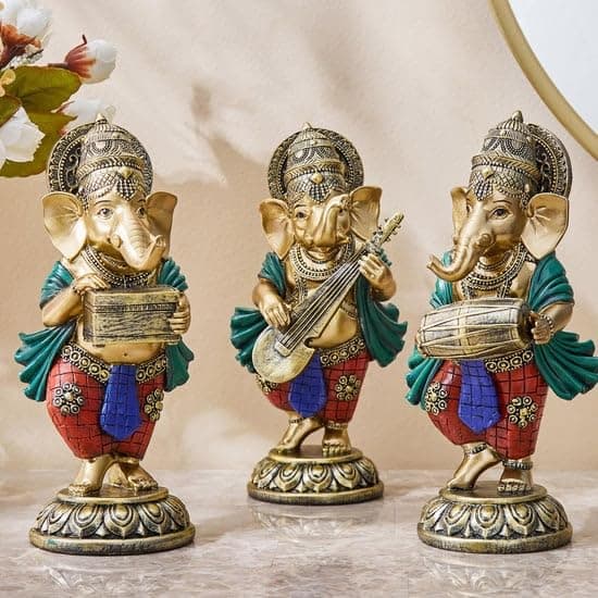 ANI DIVINE Handicraft Lord Ganesha Playing Musical Guitar, Dholak, Harmonium Resin Statue Showpiece Cute Figurines Set of 3 (Multicolour, 19cm Tall)