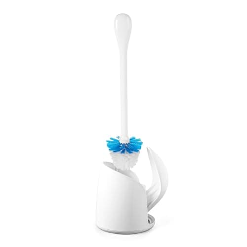 OXO Good Grips Compact Toilet Brush Canister Toilet Bowl Brush and Holder with Automatic Canister Door Bathroom and Small Spaces Cleaning Supplies Essential