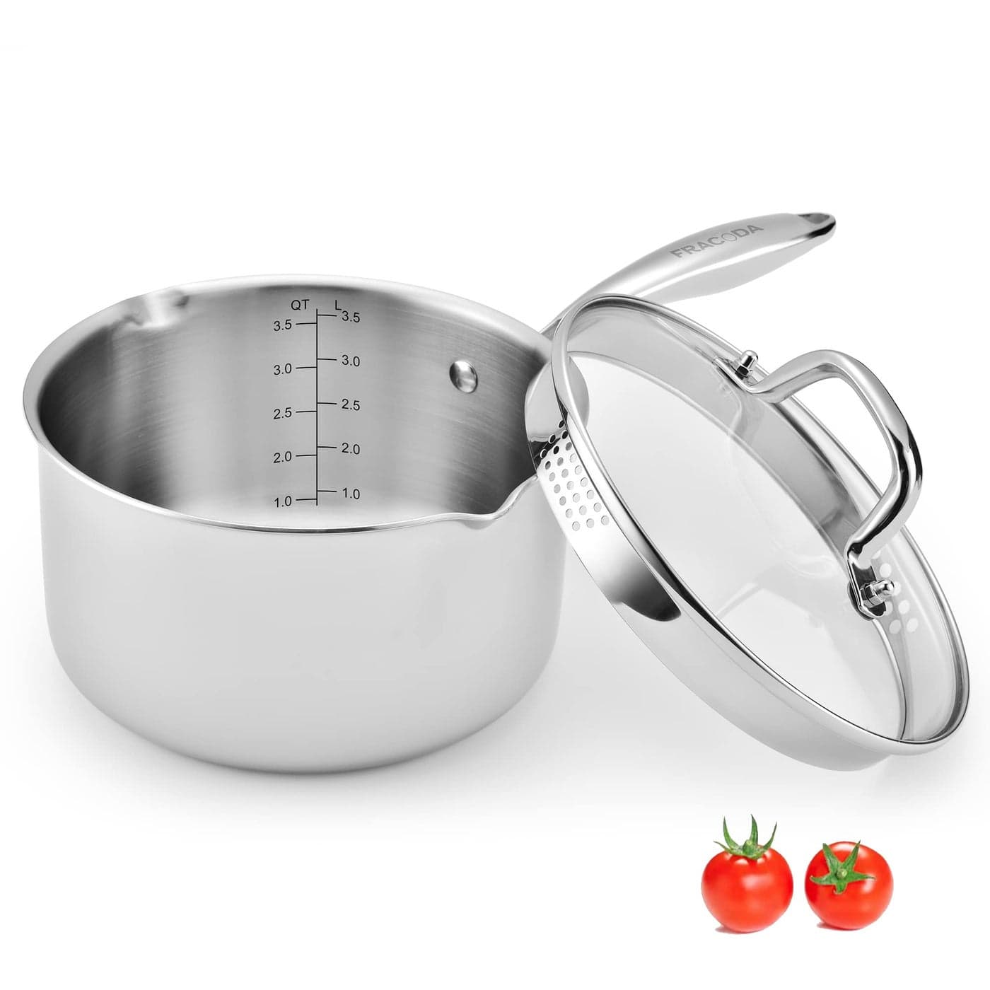 Fracoda 35 Quart Stainless Steel Pot Saucepan with Glass Strainer Lid Sauce Pot with Two Side Spouts Induction Cooking Pot Multipurpose Sauce Pan with Lid for CookingTriPly Full Body
