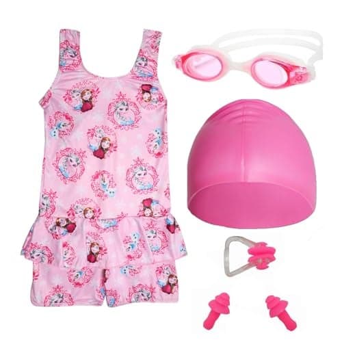 JMT Wear Swimming Kit for Girls with 1 Swimming Costume | Swim Suit | Swimwear | Swimming Dress Goggles Cap Ear Plug Nose Clip (2-3 Yr, Pink)
