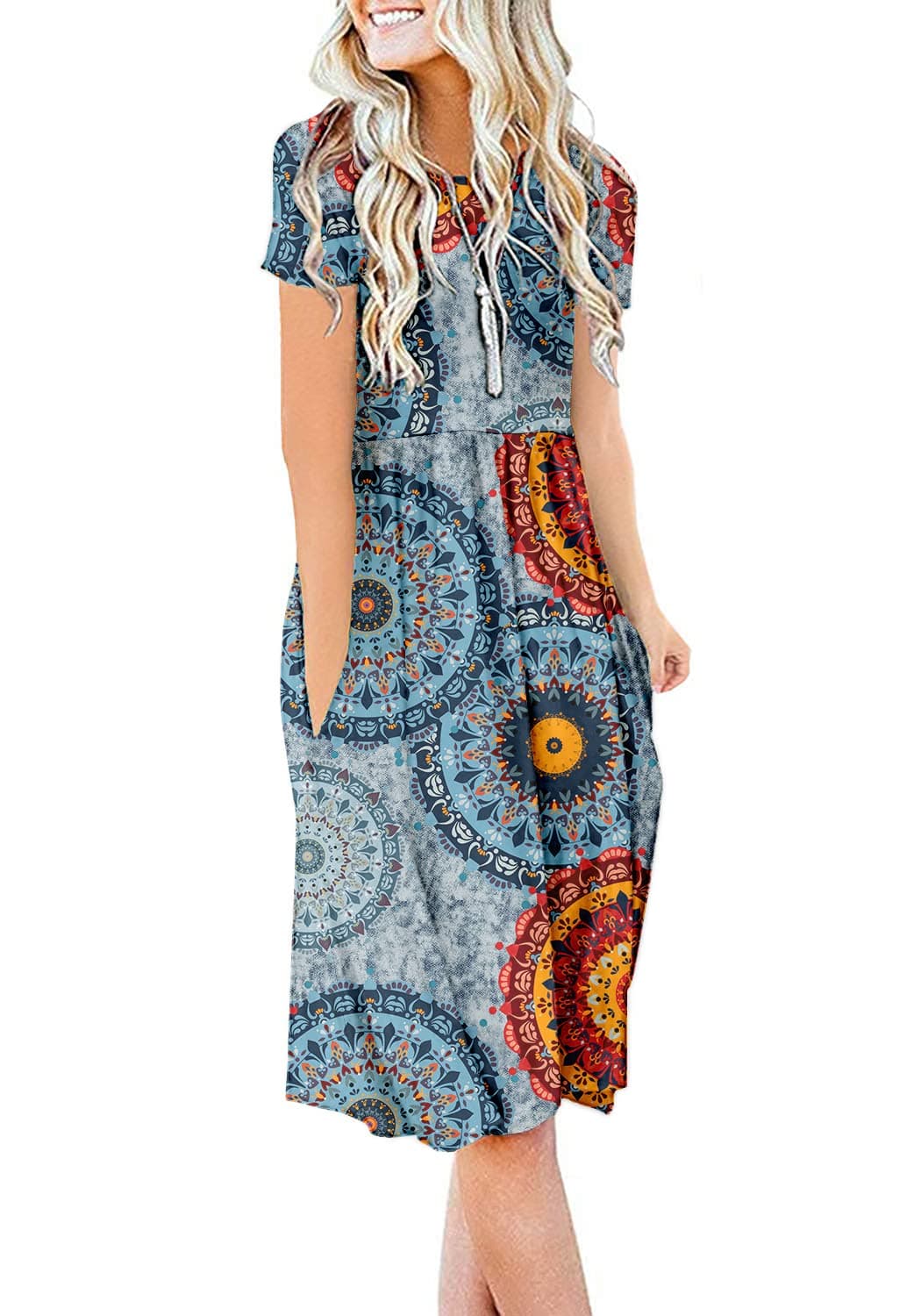 DB MOON Women Summer Casual Short Sleeve Dresses Empire Waist Dress with Pockets (Flower Mix Blue, L)