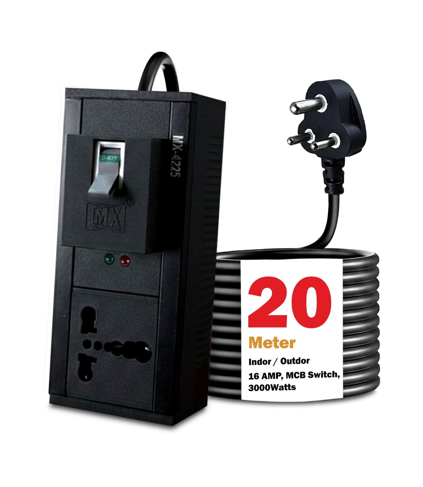 MX Single Socket Extension Board 20 m | 3000W Heavy-Duty Power Cord | 16A Socket to 15A Plug | 3-Pin Plug with 32A MCB Switch | Child Safety Shutter | 16A Extension Cord