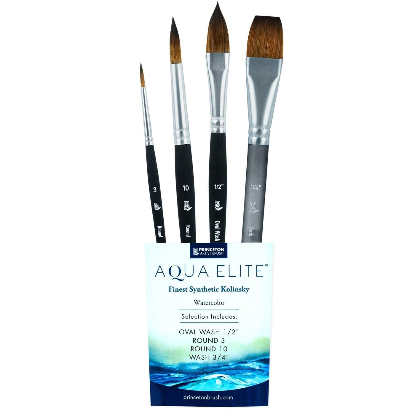 Princeton Artist Brush Co Aqua Elite 4850 Series 4pc Watercolor Brush Set Synthetic Watercolor Brushes Professional Kolinsky Sable Brushes 12 Oval Wash 34 Wash Round 3 Round 10